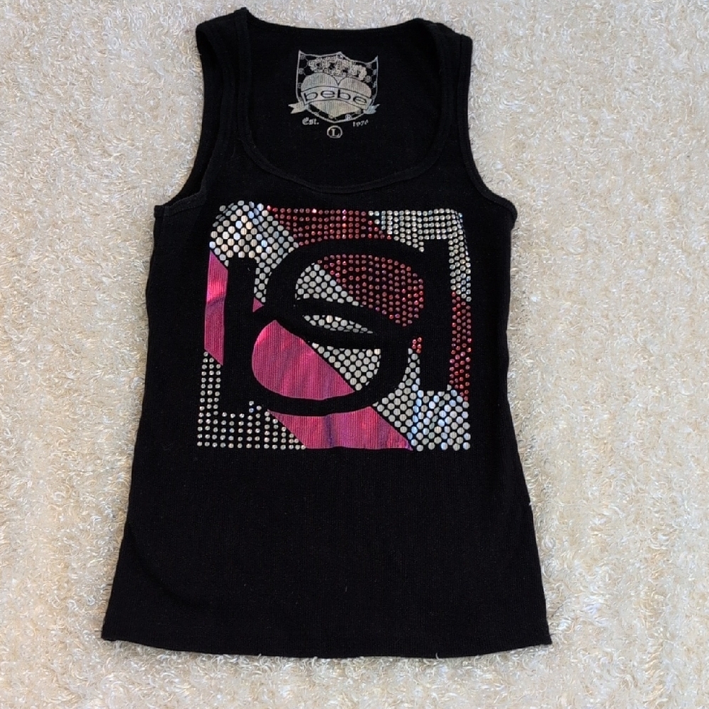 Bebe Black Tank Top with Pink and White bling design!! So cute!!!